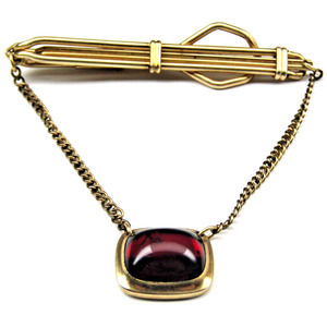 Gold Red Lucite Tie Clip Ruby Cabochon Chain Pendant Adjustable Men Vintage Wear